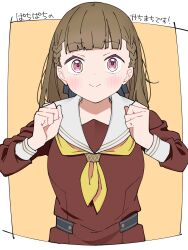 Rule 34 | 1girl, blunt bangs, blush, border, braid, brown dress, brown hair, center-flap bangs, clenched hands, closed mouth, dress, hands up, hasu no sora school uniform, highres, kachimachi kosuzu, link! like! love live!, liz (piyoko piyop), long hair, long sleeves, looking at viewer, love live!, neckerchief, outside border, pink eyes, sailor collar, school uniform, side braids, smile, solo, split mouth, straight hair, translation request, upper body, virtual youtuber, white border, white sailor collar, winter uniform, yellow background, yellow neckerchief