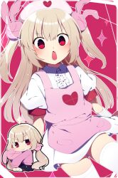 Rule 34 | &gt; &lt;, 1girl, :o, absurdres, apron, bandaged wrist, bandages, black skirt, blonde hair, blush, center frills, chibi, chibi inset, closed mouth, collared dress, commentary request, dress, frills, full body, hair ornament, hat, heart, heart print, highres, holding, holding stuffed toy, long hair, looking at viewer, low twintails, natori sana, nurse cap, official alternate costume, open mouth, outline, pink apron, pink background, pink headwear, pink sweater, pleated skirt, puffy short sleeves, puffy sleeves, rabbit hair ornament, red eyes, sana channel, short sleeves, skirt, sparkle, stuffed animal, stuffed rabbit, stuffed toy, sweater, thighhighs, twintails, two side up, virtual youtuber, white dress, white outline, white thighhighs, you (noanoamoemoe)