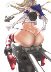 Rule 34 | 10s, 1girl, :3, anchor, ass, bare shoulders, black panties, blonde hair, butt crack, commentary request, crop top, elbow gloves, from behind, gloves, hairband, high heels, highleg, huge ass, kantai collection, long hair, panties, rensouhou-chan, sailor collar, shimakaze (kancolle), simple background, sitting, solo, striped clothes, striped thighhighs, thighhighs, thong, tomiokasena, underwear, wedgie, white background, white gloves, wide hips