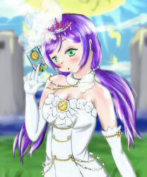 Rule 34 | 1girl, :o, absurdres, aqua eyes, artist name, artist request, bare shoulders, blue sky, blurry, blurry background, blush, bow, breasts, bridal veil, bride, card, cleavage, cloud, collar, detached collar, dress, earrings, elbow gloves, female focus, flower, frilled collar, frilled dress, frilled gloves, frilled shirt collar, frills, garter straps, gloves, green eyes, hair tie, highres, holding, holding card, jewelry, long hair, looking at viewer, love live!, love live! school idol festival, love live! school idol project, low twintails, medium breasts, myopia, outdoors, parted bangs, purple hair, sky, sleeveless, sleeveless dress, smile, solo, sparkle, strapless, strapless dress, striped, tiara, tojo nozomi, twintails, veil, vertical stripes, wedding dress, white dress, white gloves