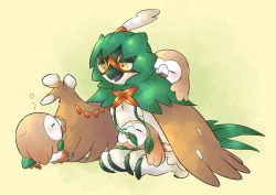 Rule 34 | blush, closed mouth, commentary, creatures (company), decidueye, closed eyes, game freak, gen 7 pokemon, highres, nintendo, no humans, open mouth, pkpokopoko3, pokemon, pokemon (creature), pokemon on back, red pupils, rowlet, sitting, yellow background, yellow eyes