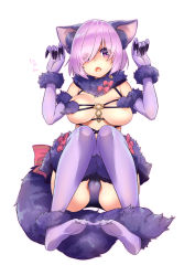 Rule 34 | 1girl, animal ears, areola slip, bow, breasts, eyes visible through hair, fang, fate/grand order, fate (series), feet, fingernails, fur trim, gloves, hair over one eye, highres, kawagoe pochi, kemonomimi mode, long fingernails, mash kyrielight, mash kyrielight (dangerous beast), medium breasts, no shoes, o-ring, o-ring top, official alternate costume, open mouth, panties, perky breasts, purple eyes, purple gloves, purple hair, purple panties, purple thighhighs, revealing clothes, sharp fingernails, short hair, simple background, sitting, soles, solo, tail, thighhighs, toes, underwear, white background, wolf ears, wolf tail