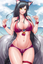 Rule 34 | :p, adapted costume, ahri (league of legends), animal ears, beach, bikini, black hair, blue sky, braid, breasts, cleavage, cloud, cowboy shot, day, facial mark, food, fox ears, fox girl, fox tail, gonster, halterneck, large breasts, league of legends, long hair, looking at viewer, navel, ocean, outdoors, popsicle, red bikini, riot games, sky, solo, summer, swimsuit, tail, thigh gap, tongue, tongue out, very long hair, wet, whisker markings, yellow eyes