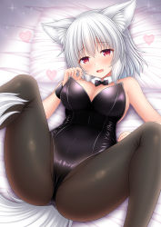 Rule 34 | 1girl, alternate costume, animal ears, feet out of frame, heart, inubashiri momiji, leaf, looking at viewer, lying, m legs, maple leaf, nagana sayui, no headwear, no headwear, on back, pantyhose, playboy bunny, red eyes, silver hair, solo, tail, touhou, wolf ears, wolf tail