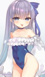 Rule 34 | 1girl, :p, bad id, bad pixiv id, blue background, blue bow, blue choker, blue eyes, blue one-piece swimsuit, blush, bow, choker, closed mouth, collarbone, covered navel, fate/grand order, fate (series), gradient background, grey background, hair between eyes, hair bow, long hair, long sleeves, mashiro miru, meltryllis, meltryllis (fate), meltryllis (swimsuit lancer) (fate), meltryllis (swimsuit lancer) (second ascension) (fate), one-piece swimsuit, puffy long sleeves, puffy sleeves, purple hair, sleeves past fingers, sleeves past wrists, smile, solo, strapless, strapless one-piece swimsuit, swimsuit, tongue, tongue out, twitter username, very long hair