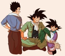 Rule 34 | 3boys, :d, ^ ^, backlighting, beige background, belt, black eyes, black hair, black shirt, blue shirt, boots, brothers, brown footwear, brown pants, child, chinese clothes, clenched teeth, closed eyes, commentary request, cropped legs, dirty, dirty clothes, dirty face, dragon ball, dragon ball super, dragonball z, father and son, fingernails, food, full body, grin, hands on own hips, hands on own knees, happy, holding, holding food, holding vegetable, indian style, jacket, long sleeves, looking at another, male focus, mamefuku (mamedehuku), multiple boys, open clothes, open jacket, open mouth, pants, profile, shaded face, shirt, siblings, simple background, sitting, sleeves rolled up, smile, son gohan, son goku, son goten, spiked hair, standing, sweat, teeth, towel, towel around neck, turnip, vegetable, white neckwear