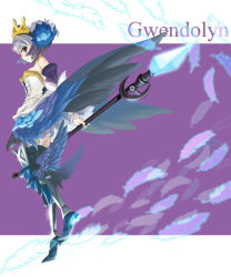Rule 34 | 1girl, armor, armored dress, character name, dress, feathers, gwendolyn (odin sphere), katou kouki, leg wings, low wings, odin sphere, pteruges, purple background, solo, strapless, strapless dress, thighhighs, wings