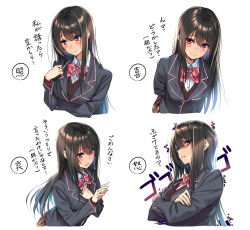 Rule 34 | 1girl, :o, arms behind back, black hair, black jacket, blazer, blue hair, blush, bow, bowtie, breast hold, breasts, brown skirt, closed mouth, collared shirt, commentary request, cropped torso, crossed arms, expressions, frown, gradient hair, hair between eyes, hand on own chest, highres, jacket, large breasts, long sleeves, looking at viewer, looking away, looking down, multicolored hair, multiple views, open mouth, original, parted lips, piromizu, plaid, plaid skirt, pleated skirt, red bow, red eyes, red neckwear, school uniform, shaded face, shirt, simple background, skirt, straight hair, tree, upper body, white background, white shirt