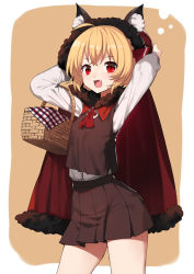 Rule 34 | 1girl, animal ears, arms up, black skirt, black vest, blonde hair, cape, commentary request, cowboy shot, fake animal ears, fang, hat, highres, long sleeves, looking at viewer, miniskirt, neck ribbon, open mouth, orange background, picnic basket, pleated skirt, red eyes, red ribbon, ribbon, rumia, sh (shinh), shirt, short hair, skirt, smile, solo, standing, thighs, touhou, two-tone background, vest, white background, white shirt