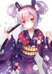 Rule 34 | 1girl, :o, absurdres, animal ears, azur lane, blush, bow, brown eyes, collarbone, commentary request, double bun, hair between eyes, hair bow, hair bun, hairband, head tilt, highres, holding, japanese clothes, kimono, laffey (azur lane), laffey (snow rabbit and candy apple) (azur lane), long sleeves, looking at viewer, nekoko (windcat429), obi, parted lips, pinching sleeves, print kimono, purple kimono, rabbit ears, red bow, red hairband, sash, silver hair, solo, wide sleeves