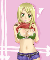 Rule 34 | artist request, bikini, bikini top only, blonde hair, blush, breasts, cleavage, clothes lift, fairy tail, heart, lucy heartfilia, shirt lift, swimsuit, tagme