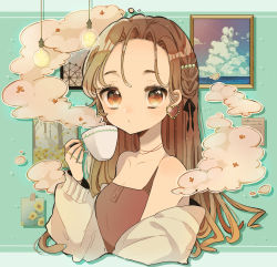 Rule 34 | 1girl, :/, absurdres, braid, brown eyes, brown hair, buttons, cardigan, closed mouth, cup, earrings, hair ornament, hair ribbon, hairpin, heart, heart earrings, highres, holding, holding cup, jewelry, light bulb, long hair, long sleeves, nagihoko, neck ribbon, off-shoulder sweater, off shoulder, original, parted bangs, pearl hair ornament, photo (object), ribbon, ring, solo, steam, sweater, tank top