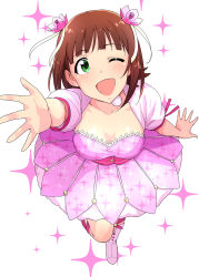 Rule 34 | 1girl, ;d, amami haruka, blunt bangs, breasts, brown hair, cleavage, collarbone, dress, flower, foreshortening, full body, green eyes, hair flower, hair ornament, happy birthday, highres, idolmaster, idolmaster (classic), one eye closed, open mouth, outstretched arms, pink dress, puffy short sleeves, puffy sleeves, reaching, reaching towards viewer, short sleeves, simple background, smile, solo, sparkle, standing, standing on one leg, tsurui, white background