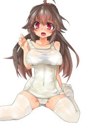 Rule 34 | 1girl, ahoge, arunira, bare shoulders, blush, brll, brown hair, clothes lift, collarbone, colored skin, highres, long hair, old school swimsuit, one-piece swimsuit, open mouth, original, purple skin, red eyes, school swimsuit, simple background, sitting, solo, swimsuit, swimsuit lift, thighhighs, wariza, wet, white background, white school swimsuit, white one-piece swimsuit, white thighhighs