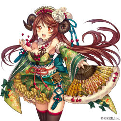 Rule 34 | 1girl, bare shoulders, blush, bow, breasts, brown hair, cleavage, company name, detached sleeves, dress, feathers, flower, folding fan, frilled dress, frills, hair flower, hair ornament, hair ribbon, hand fan, headdress, holding, holding fan, horns, kaizoku ookoku koronbusu, long hair, looking at viewer, madogawa, official art, open mouth, orange eyes, original, outstretched arm, ribbon, sheep horns, sidelocks, simple background, solo, thighhighs, white background, wide sleeves