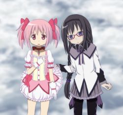Rule 34 | 10s, 2girls, :o, akemi homura, alternate hairstyle, bad id, bad pixiv id, black hair, bow, braid, bubble skirt, clothes lift, curancuran, glasses, gloves, hair bow, hairband, jewelry, kaname madoka, magical girl, mahou shoujo madoka magica, mahou shoujo madoka magica (anime), multiple girls, official style, pantyhose, pendant, pink eyes, pink hair, purple eyes, red-framed eyewear, skirt, skirt flip, skirt lift, spoilers