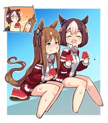 Rule 34 | 2girls, absurdres, animal ears, barefoot, blush, bow, breasts, brown hair, closed eyes, commission, ear bow, english text, food, food on face, fruit, grass wonder (umamusume), highres, holding, holding food, horse ears, horse girl, horse tail, jacket, long hair, long sleeves, multicolored hair, multiple girls, nose blush, open mouth, plate, puckered lips, red shorts, short hair, shorts, sitting, skeb commission, small breasts, special week (umamusume), spitting, sweatdrop, syoya ko, tail, track jacket, two-tone hair, umamusume, v-shaped eyebrows, watermelon, watermelon seeds, watermelon slice