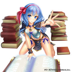 Rule 34 | 1girl, absurdres, blue eyes, blue hair, book, breasts, cleavage, hair ornament, hair ribbon, highres, kneeling, long hair, looking at viewer, matching hair/eyes, medium breasts, midriff, navel, purple ribbon, red ribbon, ribbon, simple background, solo, tower of dragon, violetshit, white background, wrist cuffs