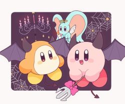 Rule 34 | :d, angel wings, blush stickers, bow, chandelier, demon horns, demon tail, demon wings, elfilin, fang, halloween, halloween costume, horns, kirby, kirby (series), mofupoyo, nintendo, open mouth, pink bow, pitchfork, silk, smile, spider web, tail, waddle dee, wings