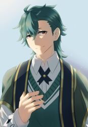 Rule 34 | 1boy, closed mouth, collared shirt, emino 25, fire emblem, fire emblem engage, green hair, green vest, gregory (fire emblem), highres, looking at viewer, messy hair, nintendo, shirt, solo, vest