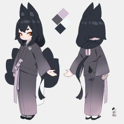 Rule 34 | 1girl, animal ear fluff, animal ears, black footwear, black hair, black kimono, closed mouth, color guide, commentary request, fox ears, fox girl, fox tail, grey background, highres, japanese clothes, kimono, kuro kosyou, long hair, long sleeves, looking at viewer, low ponytail, multiple views, orange eyes, original, ponytail, sandals, short eyebrows, smile, socks, standing, tail, thick eyebrows, turnaround, very long hair, white legwear, wide sleeves, x-ray, zouri
