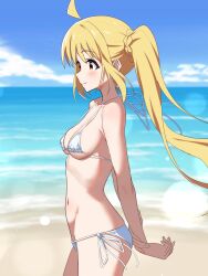 1girl absurdres ahoge arm_behind_back beach bikini blonde_hair bocchi_the_rock! breasts commentary cowboy_shot highres horizon ijichi_nijika long_hair lowleg lowleg_bikini maretto micro_bikini navel ocean outside_border red_eyes side-tie_bikini_bottom side_ponytail small_breasts solo standing stomach swimsuit white_bikini