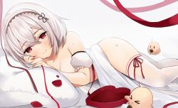 Rule 34 | 1girl, azur lane, bad id, bad twitter id, blanket, box, closed mouth, detached sleeves, heart-shaped box, looking at viewer, lying, manjuu (azur lane), nude, on side, pillow, red eyes, red ribbon, ribbon, ry thae, short hair, short sleeves, sirius (azur lane), smile, solo, thighhighs, valentine, white hair, white thighhighs