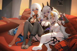 Rule 34 | 3girls, absurdres, black gloves, black thighhighs, blush, breasts, chinese commentary, cleavage, commentary, crossed legs, dark-skinned female, dark skin, elbow gloves, facial mark, feet, gloves, green eyes, hair ornament, hairclip, heiyizhushenxia, highres, holding another&#039;s wrist, indoors, large breasts, legs, long hair, looking at viewer, multicolored hair, multiple girls, no shoes, open mouth, orange hair, original, partially fingerless gloves, pointy ears, ponytail, purple eyes, sitting, smile, soles, tail, thighhighs, toenails, toes, two-tone hair, white hair