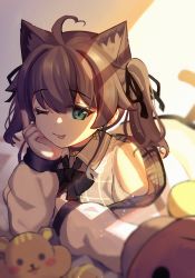 Rule 34 | 1girl, ;p, ahoge, animal ear fluff, animal ears, bad id, bad pixiv id, bare shoulders, black ribbon, brown hair, cat ears, cat girl, cat tail, closed mouth, clothing cutout, collared shirt, commentary, green eyes, grey shirt, hair between eyes, hair ribbon, hand up, highres, hololive, jacket, kemonomimi mode, long sleeves, lying, natsuiro matsuri, natsuiro matsuri (casual), off shoulder, on stomach, one eye closed, open clothes, open jacket, puffy long sleeves, puffy sleeves, ribbon, sasatabekung, shirt, shoulder cutout, smile, solo, stuffed animal, stuffed toy, tail, teddy bear, tongue, tongue out, twintails, virtual youtuber, white jacket