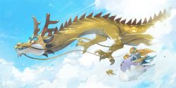 Rule 34 | 1girl, above clouds, animal focus, antlers, armor, blonde hair, blue bow, blue cape, blue sky, bow, cape, claws, cloud, colored eyelashes, day, dragon, dragon quest, escalin (hld doreko), ethereal serpent, eye contact, flying, from side, hair bow, happy, highres, horns, linne (hld doreko), long hair, looking at another, looking back, midair, open mouth, outdoors, profile, riding, sharp teeth, shoulder armor, sidelocks, sideways mouth, sky, slime (creature), slime (dragon quest), smile, spikes, teeth, waist cape, whiskers, yellow eyes