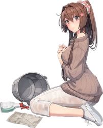 Rule 34 | 1girl, alternate costume, bottle, breasts, brown eyes, brown hair, brown sweater, bucket, female focus, flower, from side, full body, hair flower, hair intakes, hair ornament, kantai collection, kneeling, large breasts, long hair, long sleeves, looking at viewer, lowres, matching hair/eyes, off shoulder, official art, pants, ribbed sweater, shizuma yoshinori, shoes, sidelocks, sneakers, solo, spray bottle, sweater, transparent background, very long hair, white background, white footwear, white pants, yamato (kancolle)
