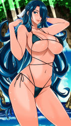 Rule 34 | 1girl, absurdres, azuma fubuki, bikini, black hair, braid, breasts, covered erect nipples, hair over one eye, hanzaki jirou, highres, in water, large breasts, lips, long hair, mato seihei no slave, navel, parted lips, solo, stomach, swimsuit, thighs, water, waterfall, wet
