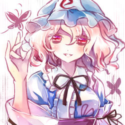 Rule 34 | 1girl, bad id, bad pixiv id, black ribbon, blue hat, bug, butterfly, gradient eyes, hair between eyes, hat, insect, lilith (lilithchan), mob cap, multicolored eyes, parted lips, pink hair, red eyes, ribbon, saigyouji yuyuko, short hair, smile, solo, touhou, triangular headpiece, upper body