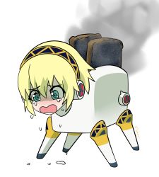 Rule 34 | 1girl, aegis (persona), aegis (toaster) (persona), android, blonde hair, blush, burnt food, crying, crying with eyes open, full body, green eyes, hairband, highres, maho malice, open mouth, persona, persona 3, short hair, simple background, solo, tears, toaster, what, white background