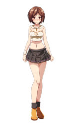 Rule 34 | 1girl, black skirt, blush, breasts, brown eyes, brown hair, cleavage, cleavage cutout, closed mouth, clothing cutout, collarbone, crop top, embarrassed, full body, highres, looking at viewer, medium breasts, meiko (vocaloid), midriff, miniskirt, navel, pleated skirt, project diva (series), short hair, simple background, sing&amp;smile (vocaloid), skirt, solo, standing, stomach, strapless, tsukishiro saika, vocaloid, white background, wristband, yellow footwear