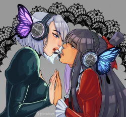 Rule 34 | 2girls, absurdres, ace attorney, black eyes, blue eyes, bug, butterfly, butterfly hair ornament, butterfly wings, commentary, english commentary, eye contact, face-to-face, franziska von karma, goldenastrum, hair ornament, headphones, highres, holding hands, insect, insect wings, long hair, looking at another, magnet (vocaloid), maya fey, microphone, multiple girls, open mouth, scene reference, short hair, sidelocks, signature, vocaloid, wings, yuri