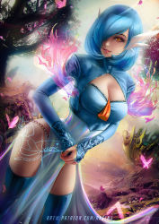 Rule 34 | 1girl, alternate color, axsen, banned artist, blue hair, blue jacket, blue thighhighs, blurry, breasts, cleavage, closed mouth, creatures (company), eyelashes, game freak, gardevoir, gen 3 pokemon, hair over one eye, highres, humanization, jacket, lipstick, long sleeves, looking at viewer, makeup, medium hair, moss, nail polish, nintendo, petals, pokemon, red eyes, shiny pokemon, signature, solo, thighhighs, tree, watermark, web address, zipper