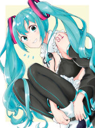 Rule 34 | adjusting belt, aqua eyes, aqua hair, bare shoulders, belt, black skirt, black sleeves, black thighhighs, bra, collar, commentary, detached sleeves, frilled bra, frilled collar, frills, hair ornament, hatsune miku, knees up, koba cha, long hair, looking at viewer, maid, midriff, shoes, shoulder tattoo, sitting, skirt, smile, solo, tattoo, thighhighs, twintails, underwear, very long hair, vocaloid, zettai ryouiki