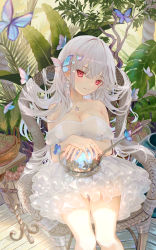 Rule 34 | 1girl, backlighting, blue butterfly, breasts, bug, butterfly, cleavage, cowboy shot, crossed bangs, dress, earrings, frilled dress, frills, grey hair, highres, holding, insect, ito lab, jewelry, long hair, looking at viewer, medium breasts, necklace, on chair, original, outdoors, plant, red eyes, ring, sitting, smile, solo, white dress, white hair, wooden floor