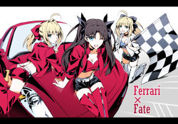 Rule 34 | 10s, 3girls, ;d, ahoge, artoria pendragon (all), artoria pendragon (fate), ass, belt, black hair, blonde hair, blue eyes, bow, butt crack, checkered flag, fate/extra, fate/stay night, fate (series), ferrari, flag, green eyes, hair bow, jacket, kon manatsu, midriff, multiple girls, navel, nero claudius (fate), nero claudius (fate) (all), nero claudius (fate/extra), official alternate costume, one eye closed, open mouth, ponytail, race queen, saber (fate), saber (type-moon racing) (fate), shorts, smile, thighhighs, tohsaka rin, two side up