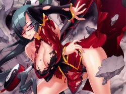 Rule 34 | 1girl, absurdres, arc system works, blazblue, blazblue: calamity trigger, breasts, cleavage, cleavage cutout, clothing cutout, hair ornament, highres, lao jiu, large breasts, litchi faye ling, nail polish, panda, panties, ponytail, purple eyes, ruins, satou shouji, staff, thighs, underwear