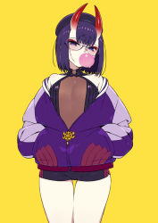 Rule 34 | 1girl, bare shoulders, bike shorts, blush, bob cut, breasts, blowing bubbles, chan co, chewing gum, cowboy shot, earrings, fate/grand order, fate (series), hands in pockets, horns, jacket, jewelry, long sleeves, looking at viewer, off shoulder, oni, open clothes, open jacket, purple eyes, purple hair, purple jacket, rimless eyewear, short eyebrows, short hair, short shorts, shorts, shuten douji (fate), simple background, skin-covered horns, small breasts, solo, standing, thick eyebrows, thighs, yellow background