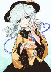Rule 34 | 1girl, black hat, black skirt, blouse, blue background, blue hair, bow, cake, closed mouth, fingernails, floral background, food, food on face, frilled sleeves, frills, fruit, gradient background, hat, hat bow, head tilt, holding, komeiji koishi, long hair, long sleeves, looking at viewer, saucer, seeker, shirt, silver hair, skirt, smile, solo, strawberry, strawberry shortcake, touhou, wavy hair, wide sleeves, yellow bow