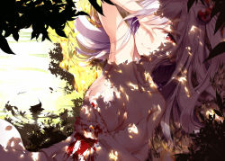 Rule 34 | 1girl, bare shoulders, blood, breasts, cleavage, closed mouth, commentary request, dappled sunlight, day, eien no juu nana-sai, hair bobbles, hair ornament, half-closed eyes, hand on own face, injury, long hair, looking at viewer, medium breasts, nail polish, one eye covered, outdoors, red eyes, red nails, shinki (touhou), silver hair, smile, solo, sunlight, tears, touhou, touhou (pc-98), water