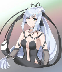 Rule 34 | 1girl, absurdly long hair, ainu clothes, animal ears, aquaplus, breasts, bright pupils, chain, choker, cleavage, cleavage cutout, closed mouth, clothing cutout, collarbone, detached sleeves, dress, earrings, eyelashes, eyes visible through hair, gradient eyes, gradient hair, hair between eyes, hair over one eye, hair ribbon, head tilt, high ponytail, highres, jewelry, kuon (utawarerumono), kuon tenshi, lips, long hair, looking at viewer, low-tied long hair, medium breasts, midriff, multicolored eyes, multicolored hair, orange eyes, ponytail, ribbon, rinne, see-through, see-through sleeves, sidelocks, sleeveless, smile, solo, spoilers, swept bangs, toned, toned female, toned stomach, upper body, utawarerumono, utawarerumono: futari no hakuoro, utawarerumono: lost flag, very long hair, white hair, white pupils, yorutsukiekaki