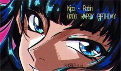 Rule 34 | 1girl, blue eyes, blue hair, blunt bangs, close-up, commentary, english commentary, happy birthday, highres, looking at viewer, nico robin, one piece, pink background, sidelocks, smile, solo, xiluoji