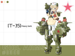 Rule 34 | 1girl, blonde hair, girl arms, md5 mismatch, mecha musume, military, military vehicle, motor vehicle, resolution mismatch, russia, russian text, solo, soviet, sweater, t-35, tank, vehicle, wallpaper, zeco