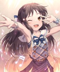 Rule 34 | 1girl, brown eyes, brown hair, commentary request, dress, heart, highres, idol clothes, idolmaster, idolmaster cinderella girls, idolmaster cinderella girls u149, khell, long hair, multicolored clothes, musical note, one eye closed, open mouth, sleeveless, sleeveless dress, smile, solo, star (symbol), tachibana arisu, teeth, upper body, upper teeth only, v over eye, wrist cuffs