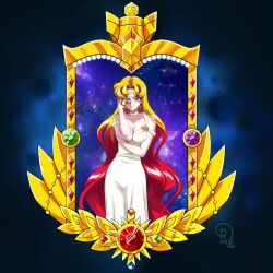 Rule 34 | 1girl, alternate costume, bishoujo senshi sailor moon, blonde hair, breasts, cleavage, commentary, covering one eye, crystal, drachea rannak, dress, english commentary, highres, long dress, long hair, medium breasts, multicolored hair, red eyes, red hair, sailor galaxia, solo, space, two-tone hair, very long hair, wavy hair, white dress