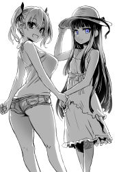 Rule 34 | 2girls, asanagi, ass, bare shoulders, blue eyes, bow, breasts, denim, denim shorts, dress, fang, flat ass, greyscale, hair bow, hand on headwear, hat, hat ribbon, highres, hime cut, large breasts, long hair, looking at viewer, monochrome, multiple girls, open mouth, ribbon, short shorts, shorts, sidelocks, small breasts, smile, spot color, standing, strap gap, straw hat, sun hat, twintails